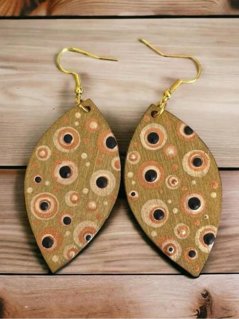 Dot-Painted Oval Dangle Earrings: Gold Metallic Wood Earrings